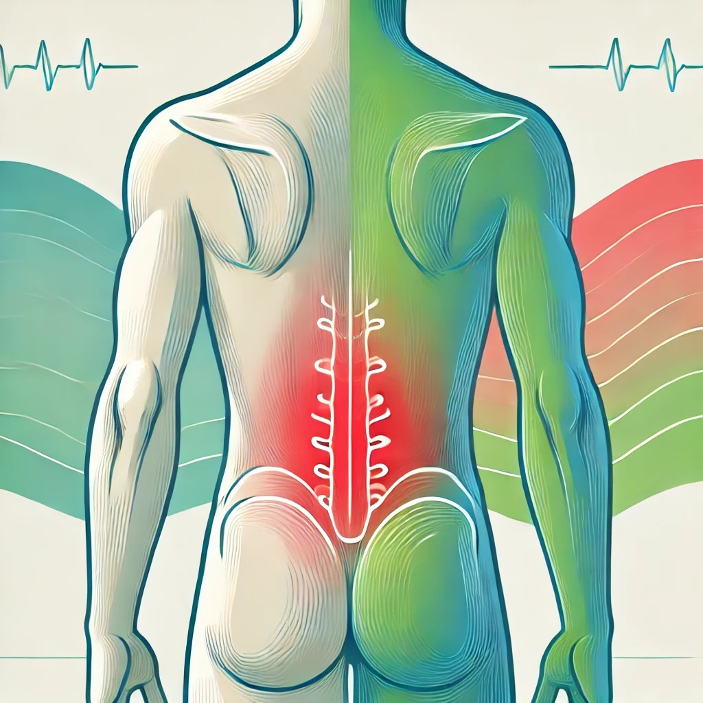 腰痛の原因と改善法を示すイラスト。腰の部分を強調し、ケアや施術を象徴するデザイン。