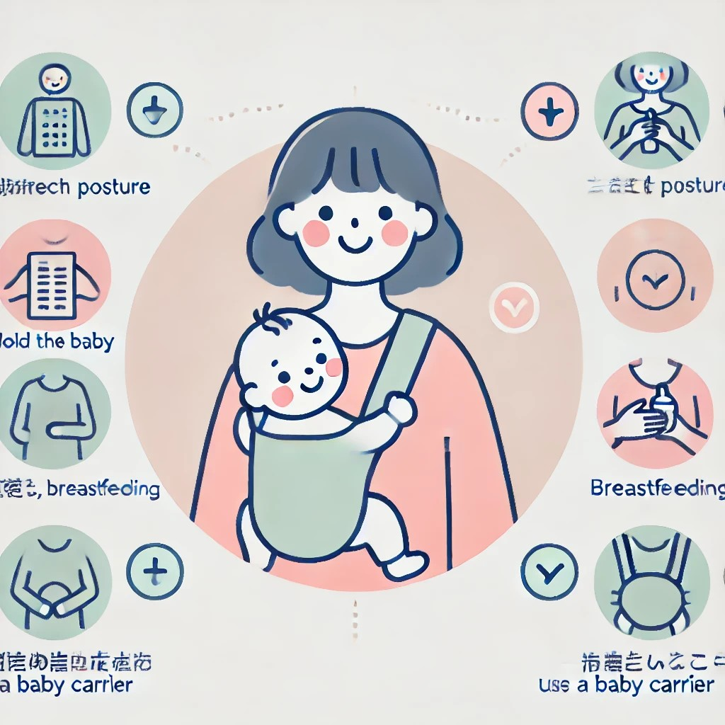 赤ちゃんを抱っこする母親の正しい姿勢と間違った姿勢のイラスト。