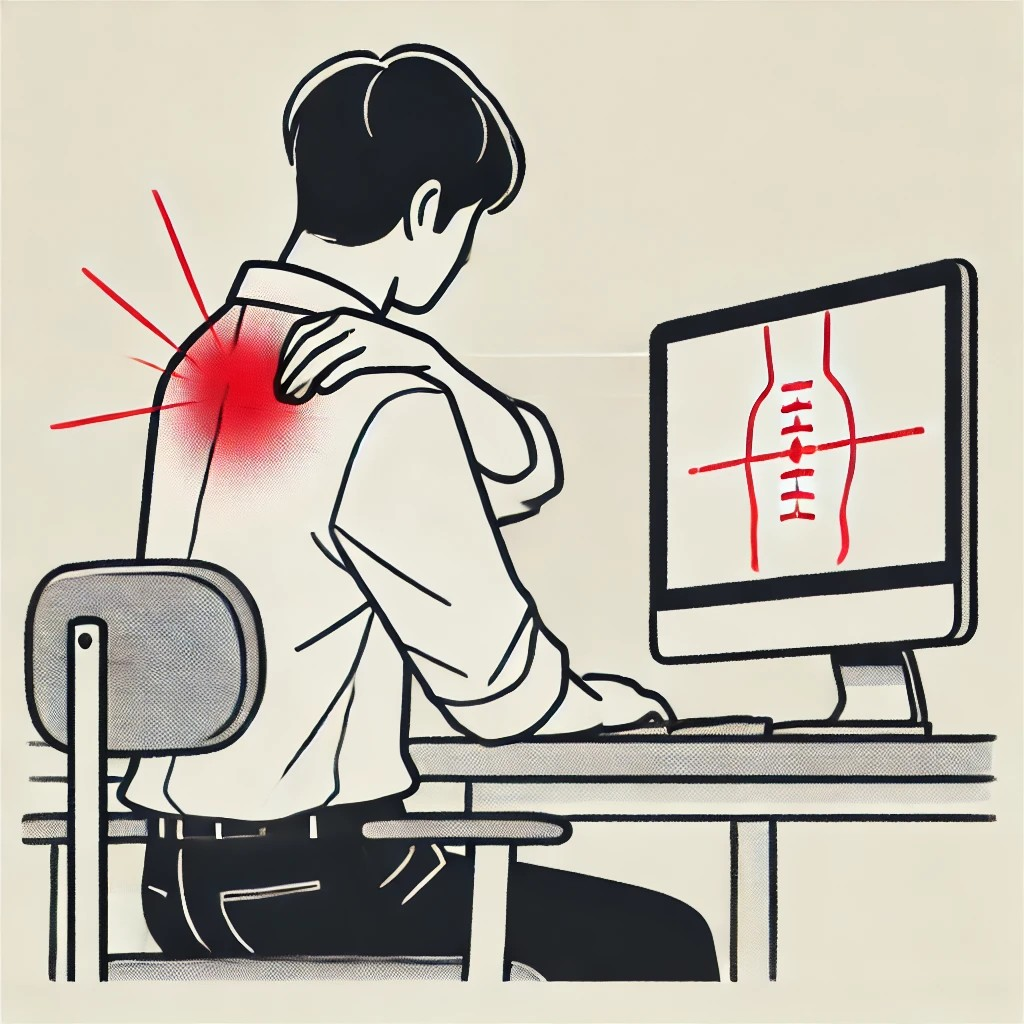 デスクワーク中に肩こりを感じる人のイラスト