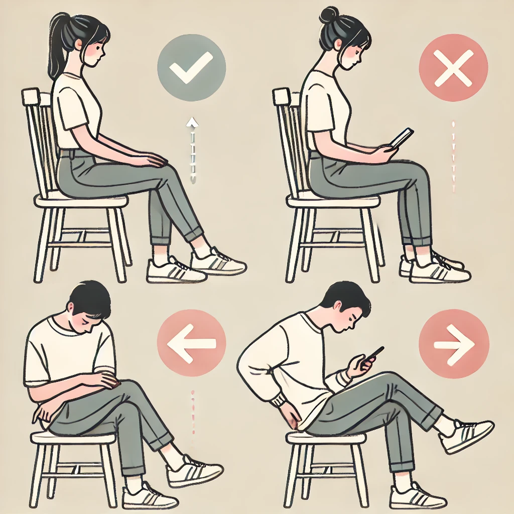良い姿勢と悪い姿勢の比較イラスト、正しい座り方やスマホの持ち方を説明。